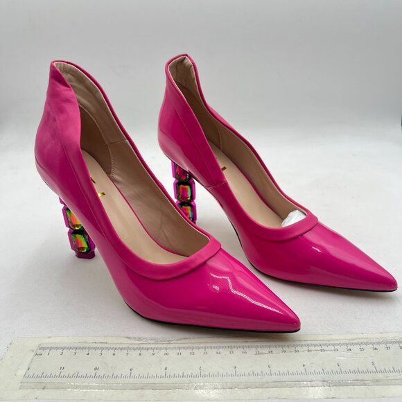 FSJ Deep Pink Pointed Toe Slip On Crystal Pumps Gorgeous Three Diamonds Heel Sho - Picture 4 of 8